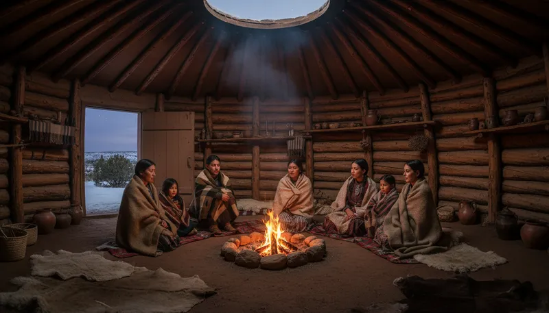 Illustration of hogan: A traditional Navajo dwelling made of earth.