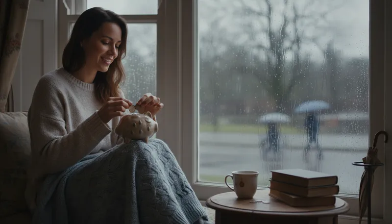 Illustration of rainy day: a time of need or emergency.
