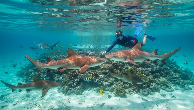 Illustration of swim with sharks: Engage in risky or dangerous activities.