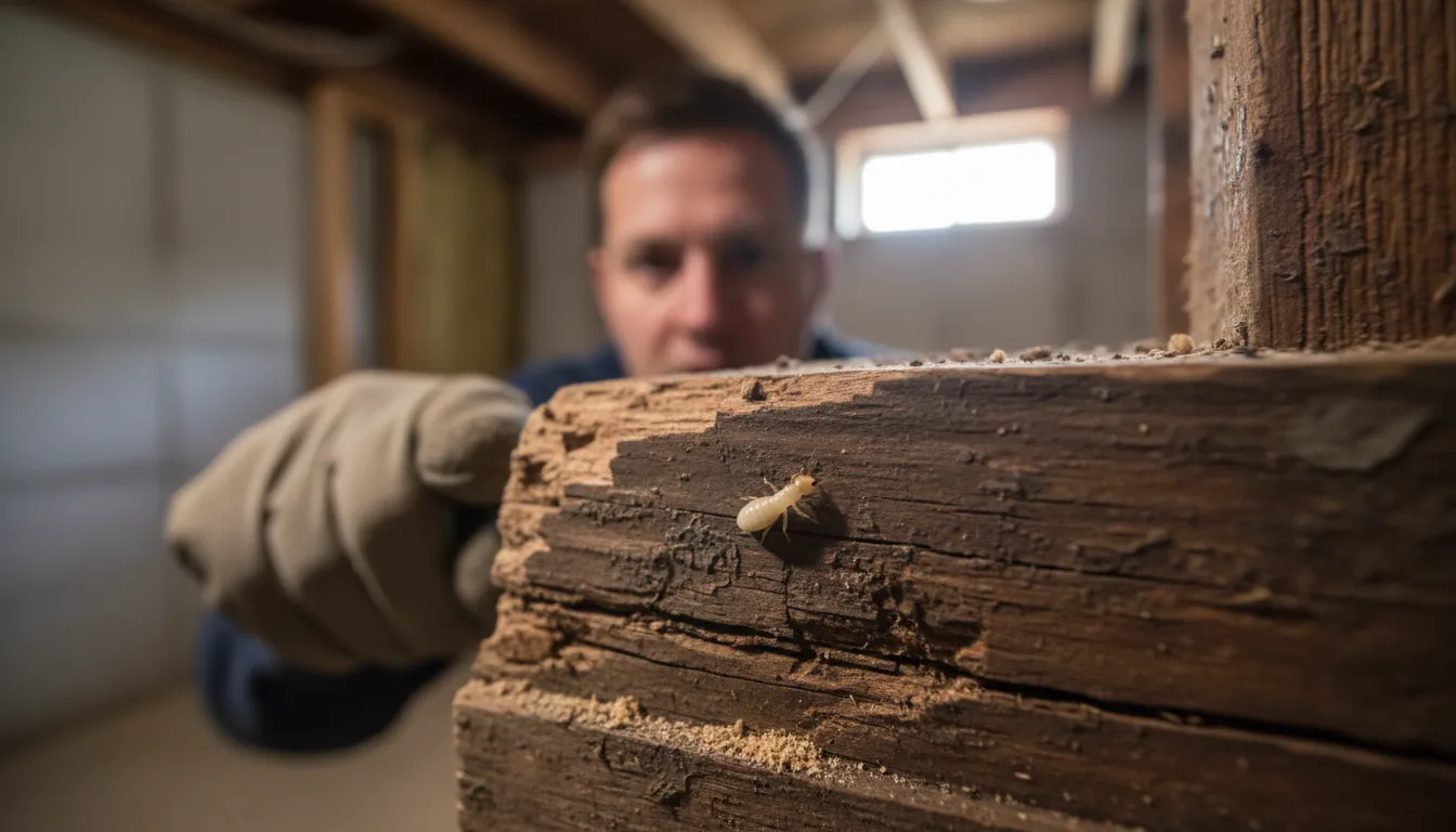 termite 的插图：An insect known for eating wood and damaging structures.