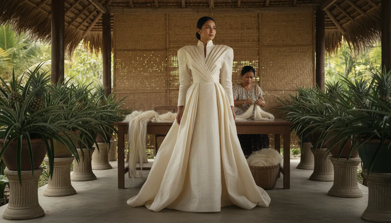 Illustrazione di pina: A stiff cloth made from the leaves of pineapples.