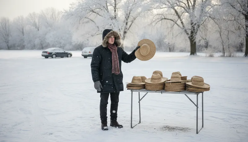 Illustration of buy straw hats in winter: make foolish or ill-timed decisions.