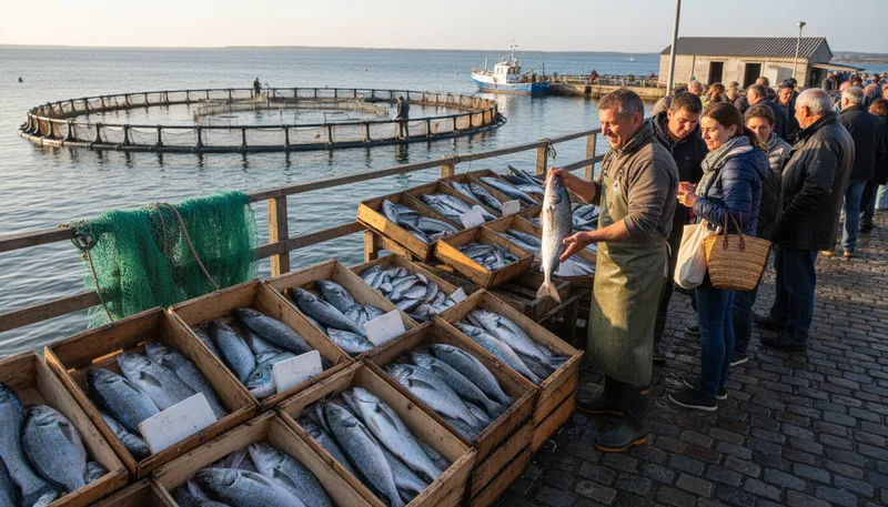 Illustration of aquaculture: The farming of aquatic organisms like fish.