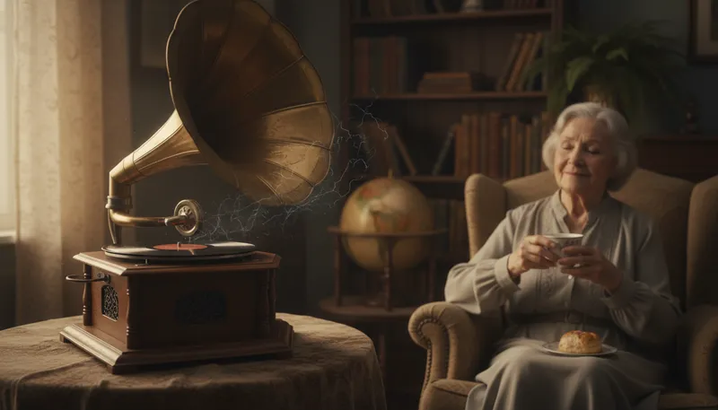 Illustration of gramophone: An early device for playing recorded music.