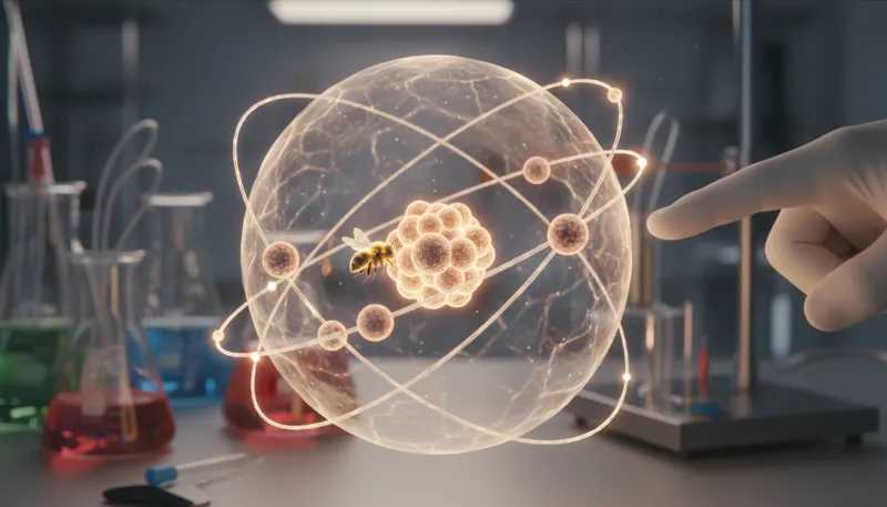 Illustration of proton: Positively charged particle in an atom's nucleus.