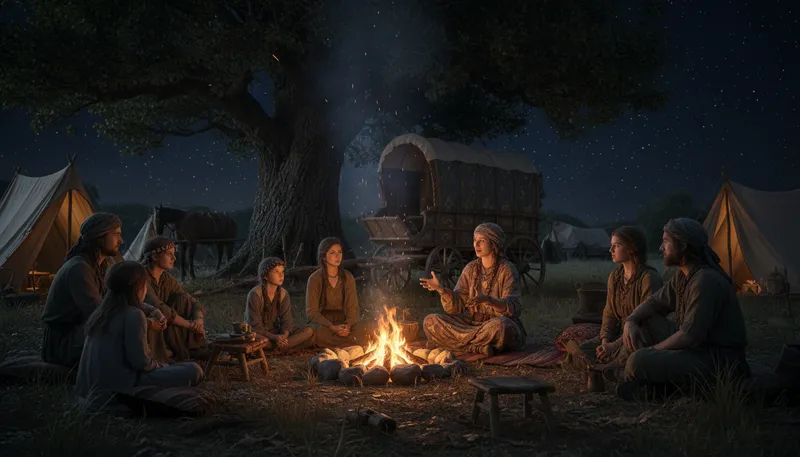 Illustration of gypsy: a member of a traveling people, often nomadic.