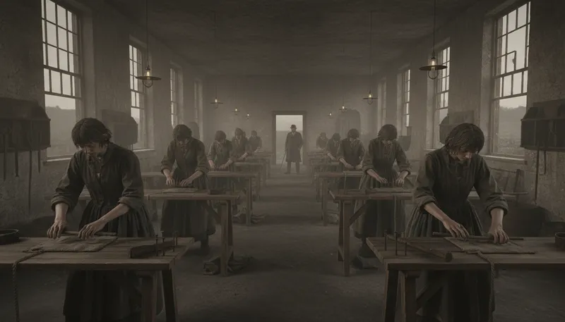 Illustration of workhouse: A building where manual work is done.