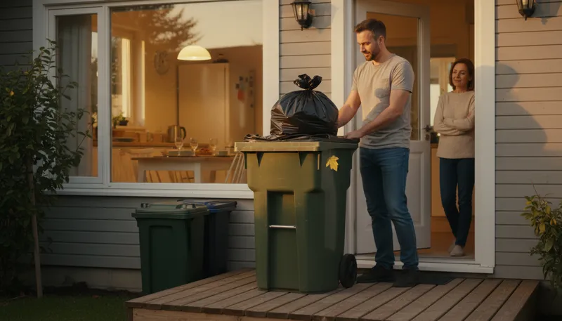 Illustration of take out the trash: To remove garbage or waste from a place.