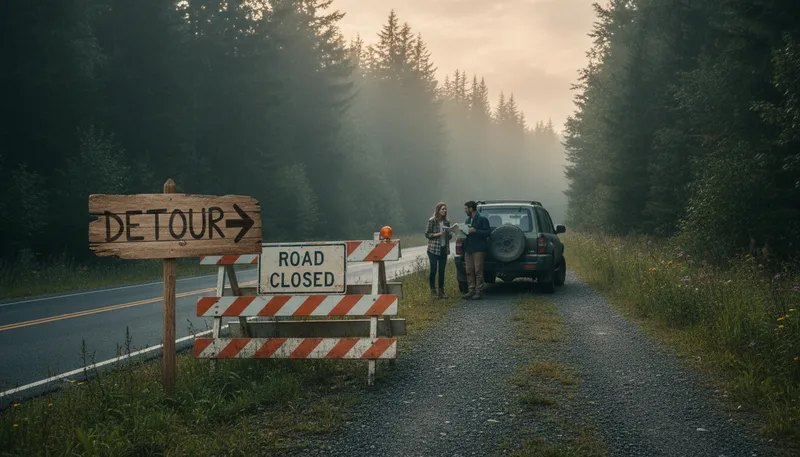 Illustration of detour: a change in route, often due to obstacles.