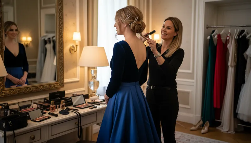 Illustration of stylist: A person who arranges hair or clothing.