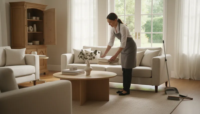 Illustration of housekeeper: one who cleans and maintains a home