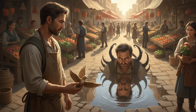 Illustration of evil to him that evil thinks: bad thoughts lead to bad actions