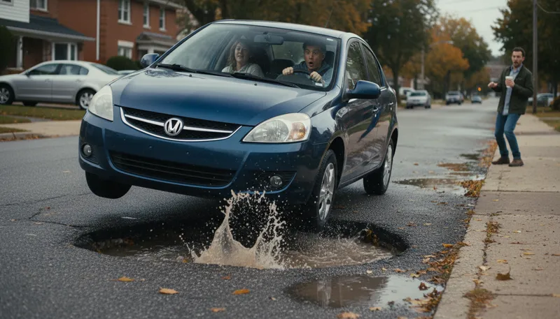 Illustration of pothole: A deep hole in a road surface.