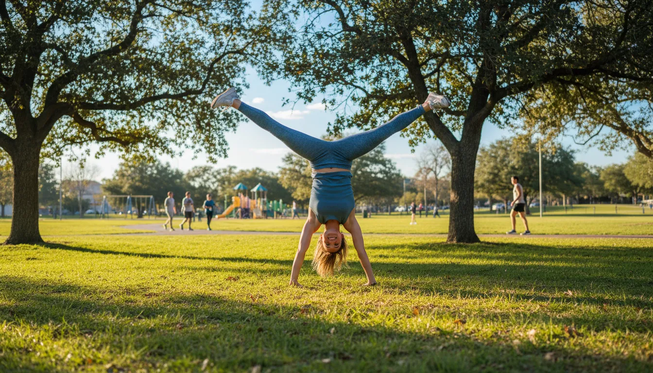 do cartwheels 일러스트: perform acrobatic flips with legs sideways.