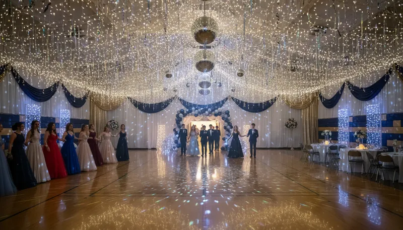 Illustration of prom: Formal dance for high school students.