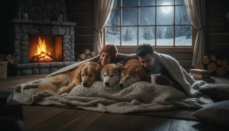 Illustration of three-dog night: A very cold night requiring warmth.