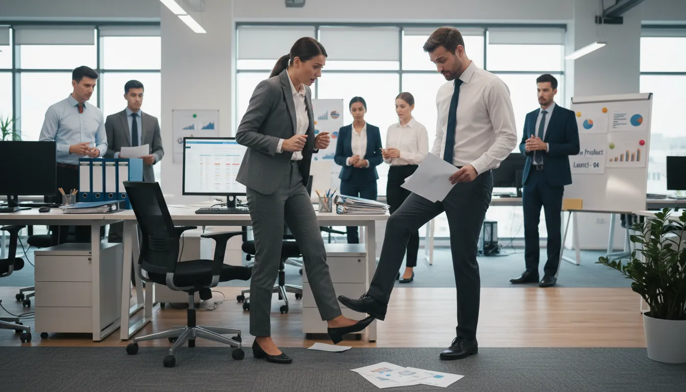 step on someone's toes-এর ইলাস্ট্রেশন: To offend or interfere with someone’s role.