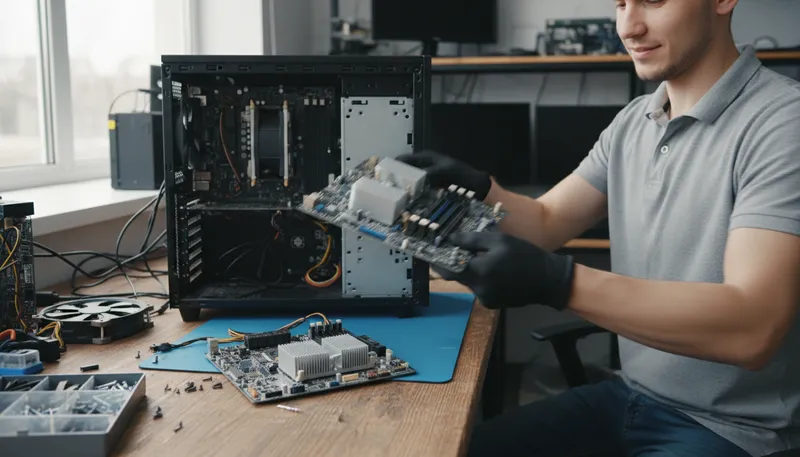 Illustration of motherboard: The main circuit board in a computer.