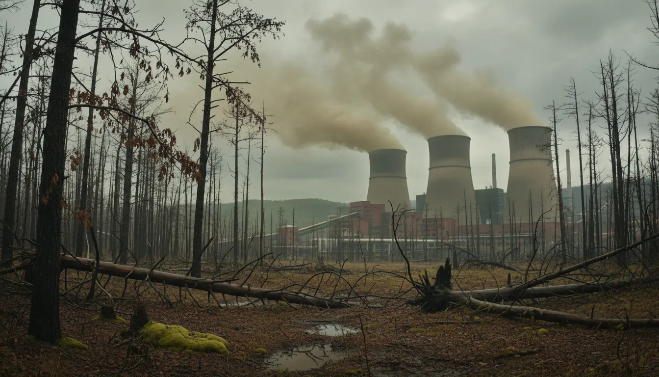 acid rain 的插图：Rain made harmful by pollution from factories and cars.