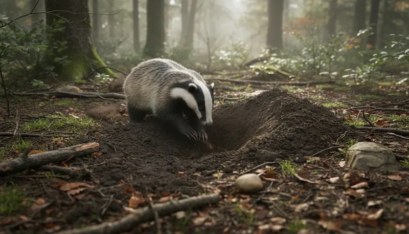 Illustration of badger: A burrowing mammal with short legs.