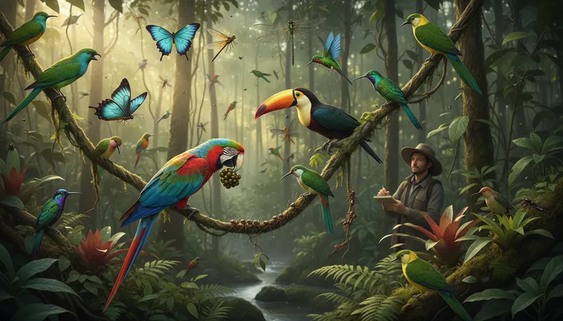 Illustration of rainforest: A dense forest with heavy rainfall.