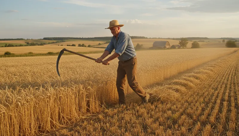 Illustration of scythe: A tool for cutting grass or grain.