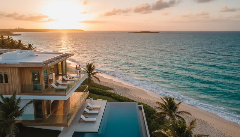 Illustration of beachfront: Land directly facing the beach.