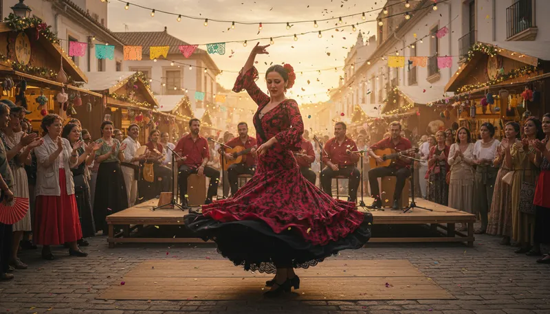 Illustration of flamenco: A lively Spanish dance with guitar music.