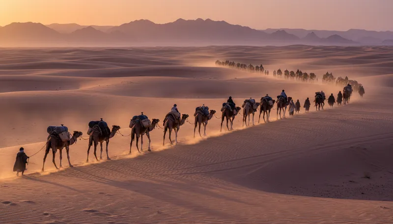Illustration of overland: Traveling or transporting goods across land.
