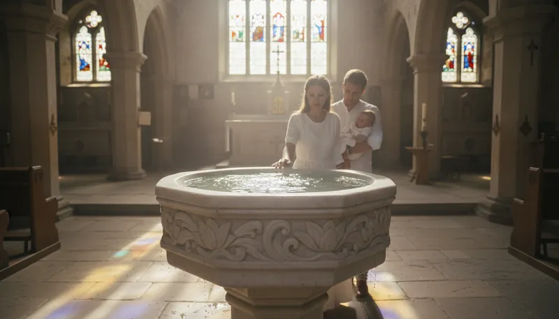 Illustration of baptismal: Related to the ceremony of baptism.