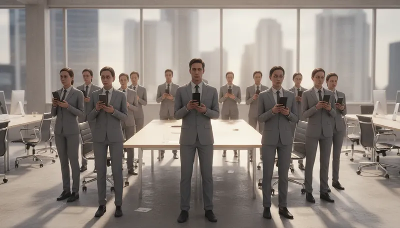 Illustration of meeting of the mindless: gathering of foolish or unthinking people.