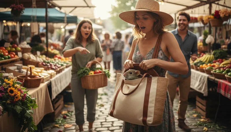Illustration of you got a mouse in your purse: to be unaware of something embarrassing