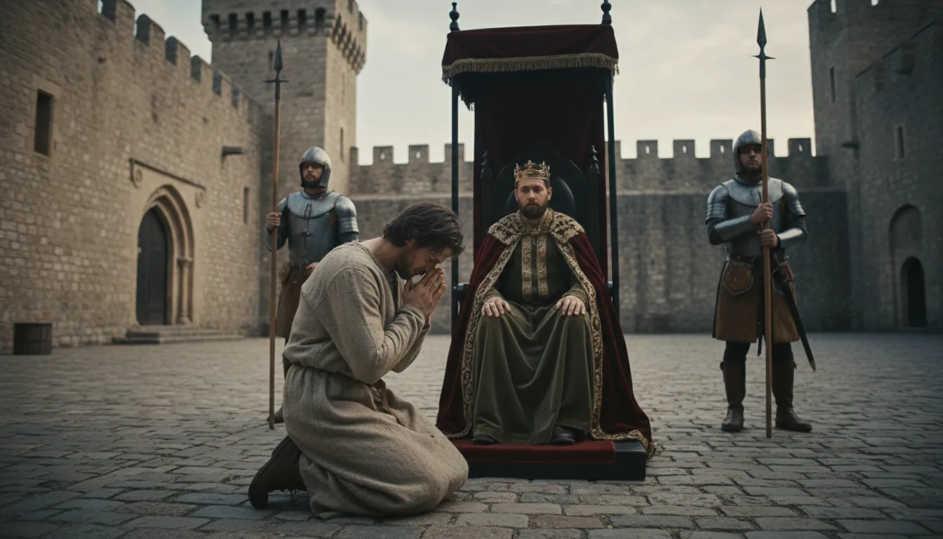 down on one's knees 的插图：Kneeling to beg or plead earnestly.