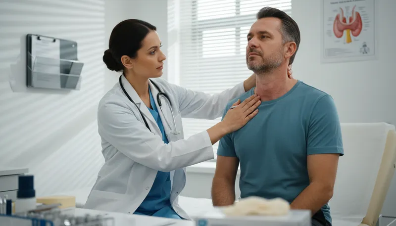 Illustration of german goiter: a large, swollen thyroid gland