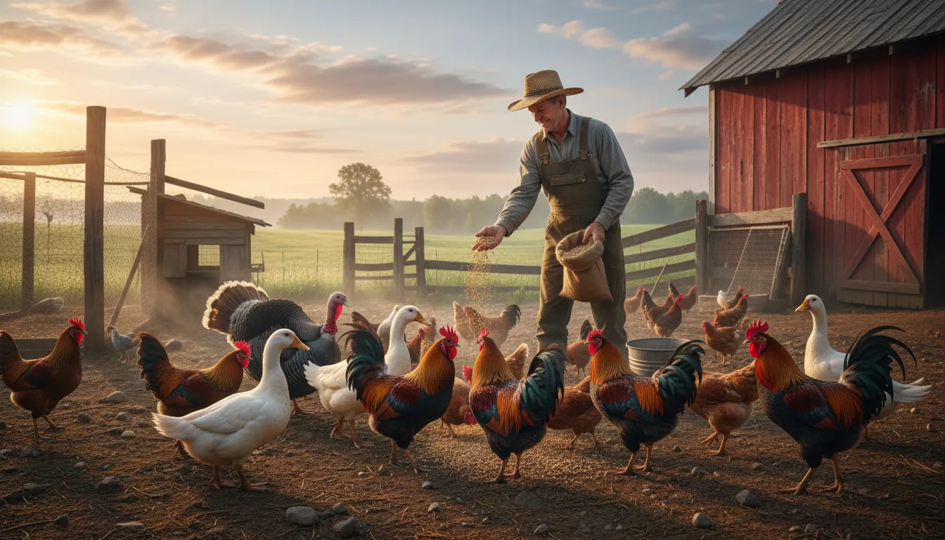 Illustrazione di poultry: domesticated birds raised for food, like chickens.
