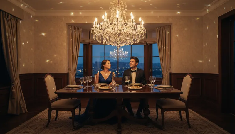 Illustration of chandelier: An ornate light fixture hanging from the ceiling.