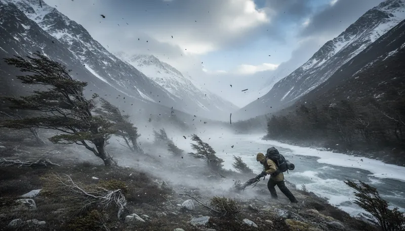 Illustration of bora: a strong cold wind from the mountains