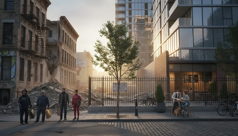 Illustration of gentrification: The process of urban renewal displacing residents.