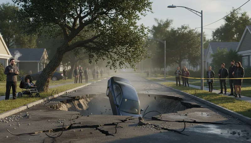 Illustration of sinkhole: A depression in the ground caused by collapse.