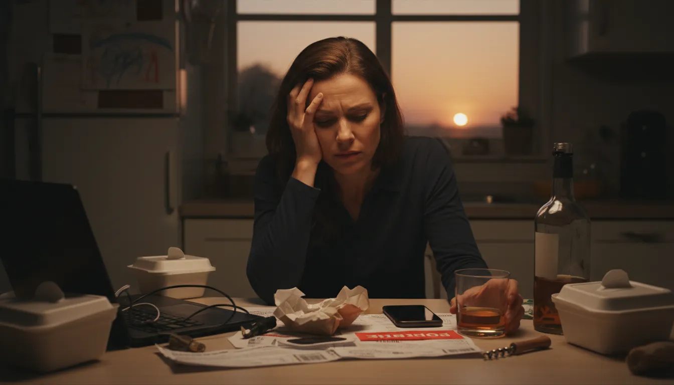drive someone to drink 的插圖：to make a person so frustrated they consume alcohol