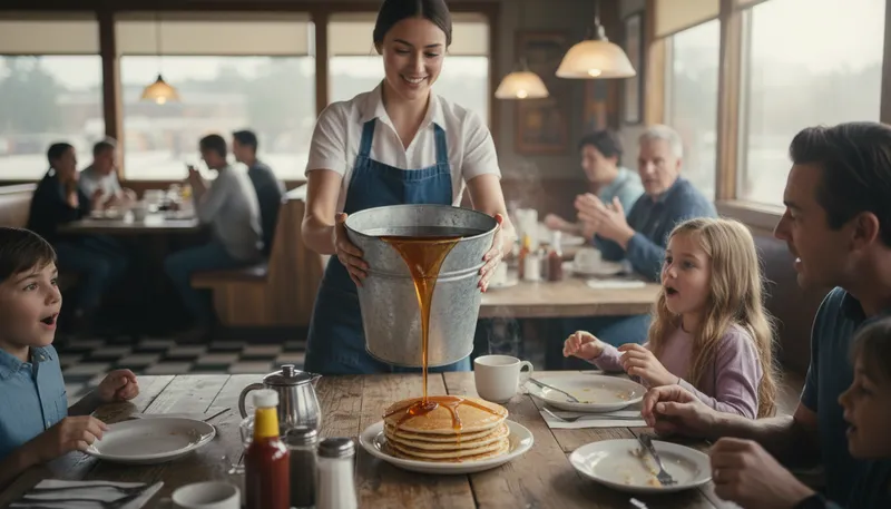 Illustration of bucket of syrup: A container filled with thick, sweet liquid.