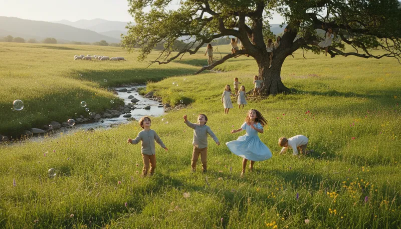 Illustration of arcadia: A peaceful, idyllic place or region.