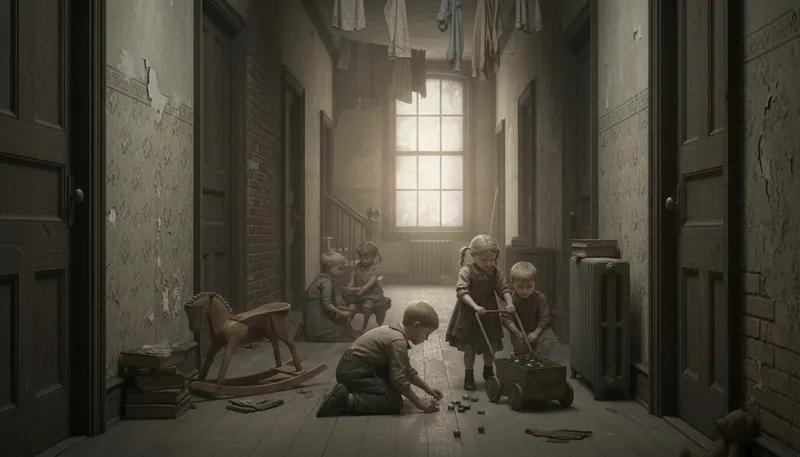 Illustration of tenement: A run-down apartment building.