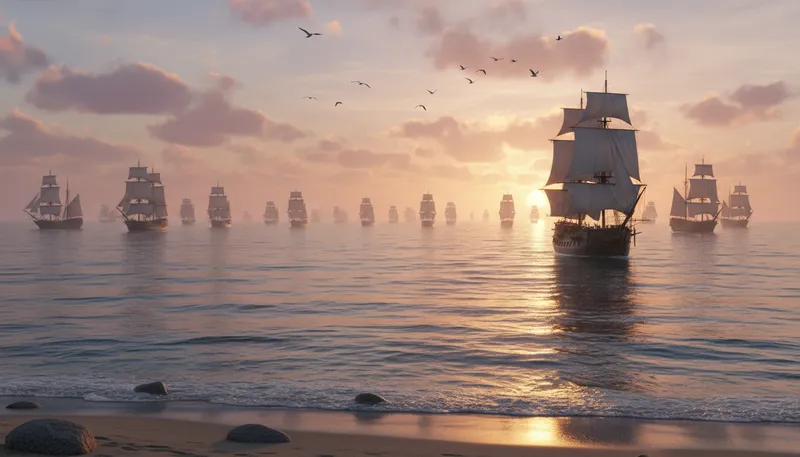 Illustration of armada: A large fleet of ships or vehicles.