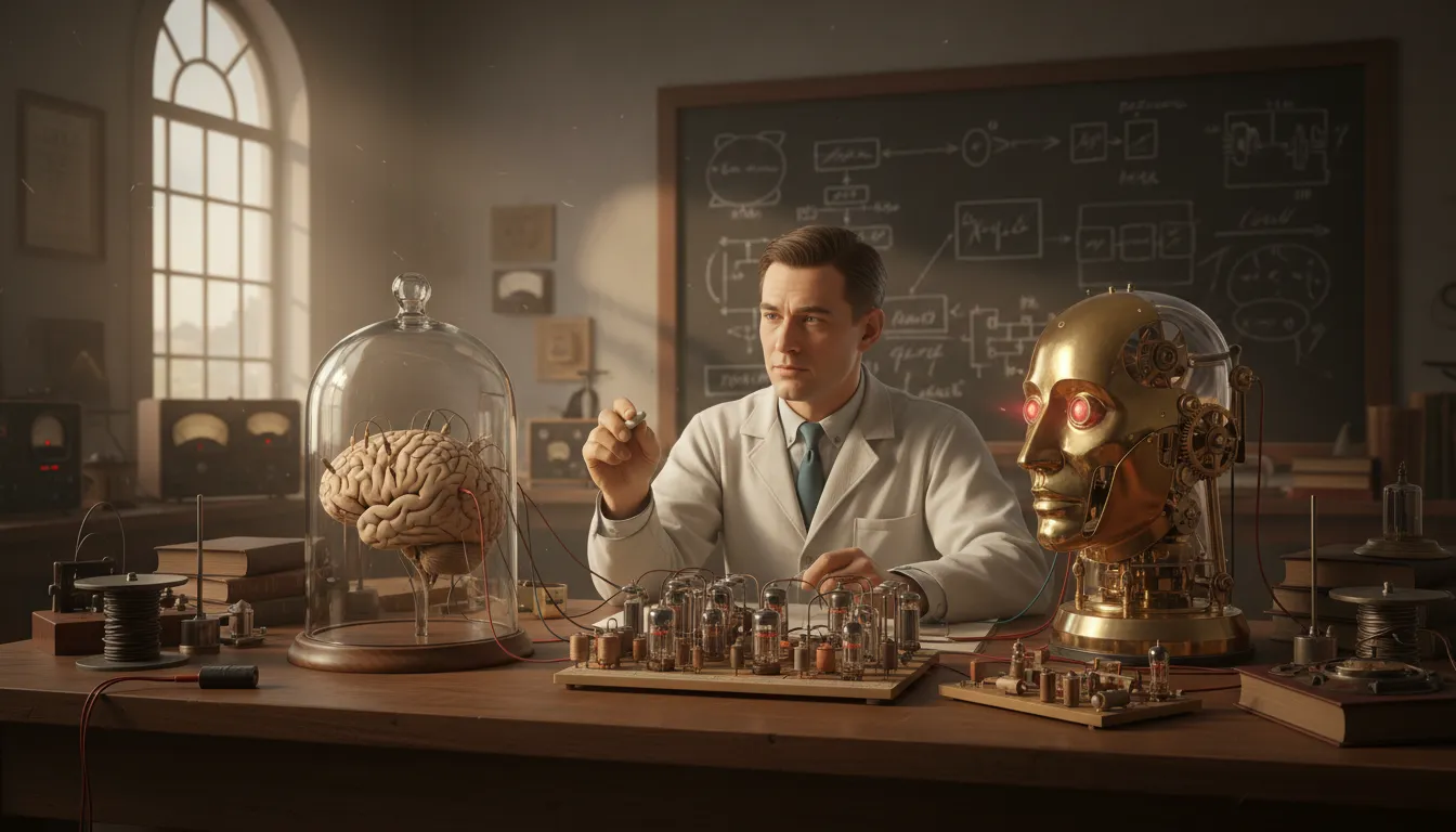 Illustration of cybernetics: The study of how machines and living things control themselves through feedback.