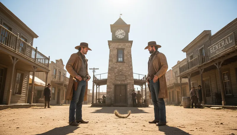 Illustration of high noon: the time for a showdown.