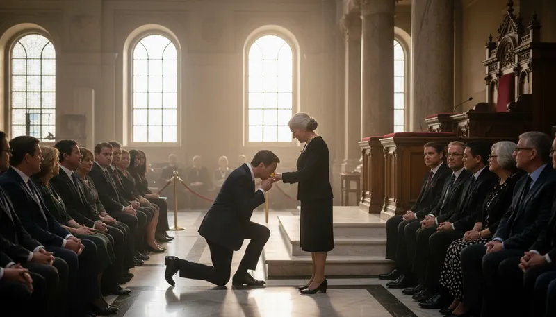 Illustration of kiss someone's ring: show respect or submission to someone powerful.