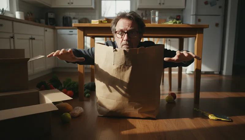 Illustration of way out of a paper bag: struggle to do something simple