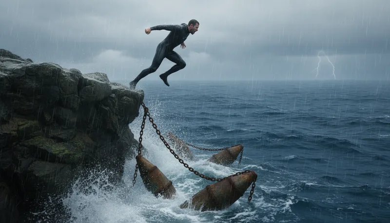 Illustration of damn the torpedoes: proceed with determination despite danger