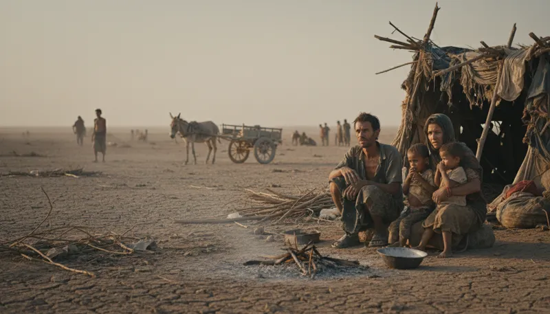Illustration of famine: Severe shortage of food in a region.